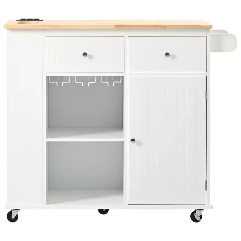 Îlot de cuisine avec prise électrique, chariot de cuisine roulant avec abattant et roulettes, rangement ouvert et porte-bouteilles pour salle à manger