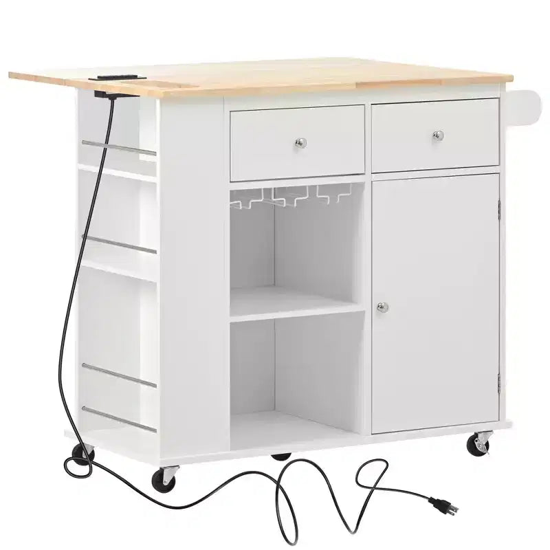 Îlot de cuisine avec prise électrique, chariot de cuisine roulant avec abattant et roulettes, rangement ouvert et porte-bouteilles pour salle à manger