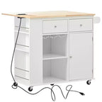 Îlot de cuisine avec prise électrique, chariot de cuisine roulant avec abattant et roulettes, rangement ouvert et porte-bouteilles pour salle à manger