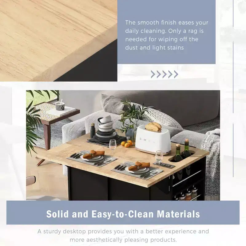 Îlot de cuisine avec prise électrique, chariot de cuisine roulant avec abattant et roulettes, rangement ouvert et porte-bouteilles pour salle à manger