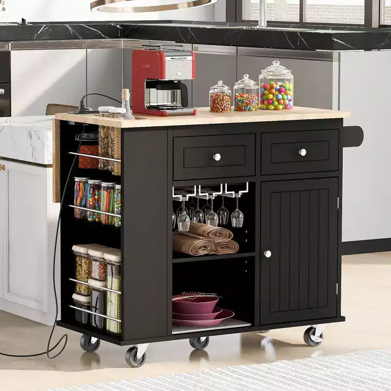 Kitchen Island with Power Outlet, Rolling Kitchen Cart with Drop Leaf and Wheels, Open Storage and Wine Rack for Dining Room