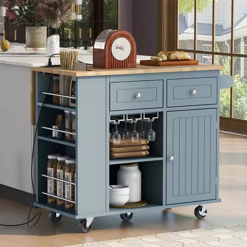 Îlot de cuisine avec prise électrique, chariot de cuisine roulant avec abattant et roulettes, rangement ouvert et porte-bouteilles pour salle à manger