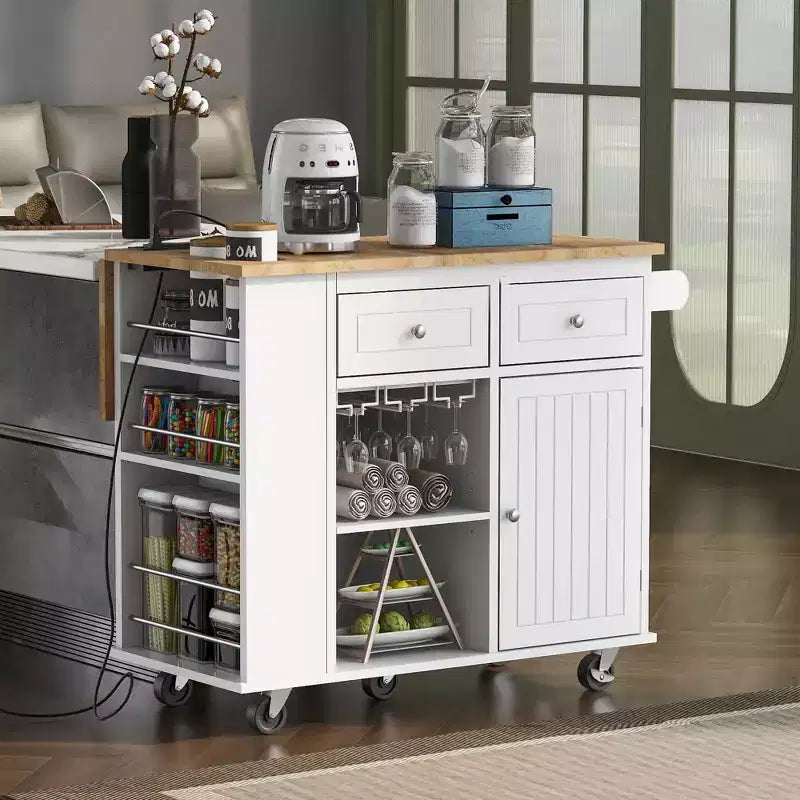 Îlot de cuisine avec prise électrique, chariot de cuisine roulant avec abattant et roulettes, rangement ouvert et porte-bouteilles pour salle à manger