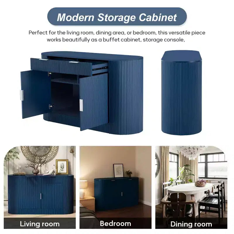 Buffet de rangement Okak Farmhouse 2 tiroirs et 2 portes pour salle à manger, salon, armoires de garde-manger de cuisine avec porte latérale incurvée