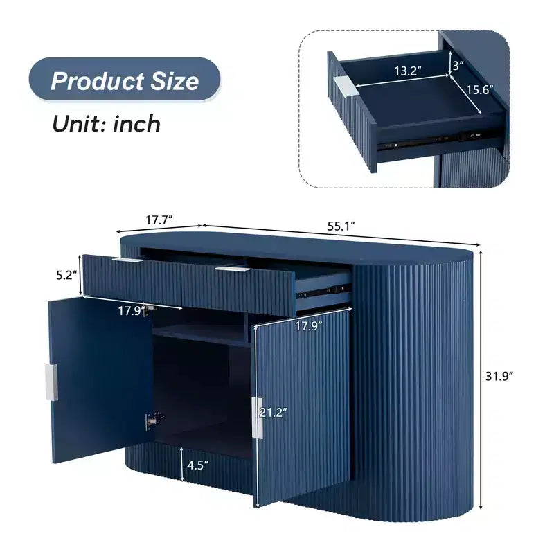 Buffet de rangement Okak Farmhouse 2 tiroirs et 2 portes pour salle à manger, salon, armoires de garde-manger de cuisine avec porte latérale incurvée