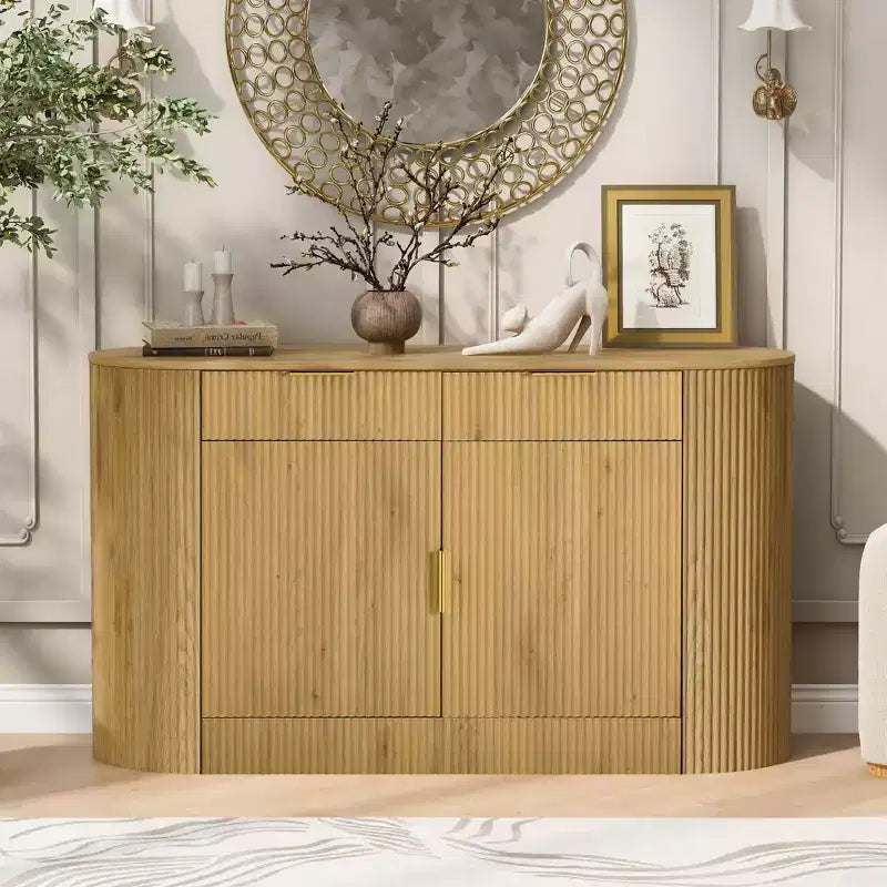 Buffet de rangement Okak Farmhouse 2 tiroirs et 2 portes pour salle à manger, salon, armoires de garde-manger de cuisine avec porte latérale incurvée