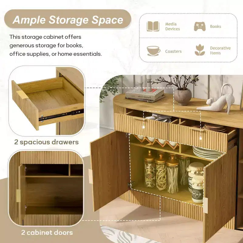 Buffet de rangement Okak Farmhouse 2 tiroirs et 2 portes pour salle à manger, salon, armoires de garde-manger de cuisine avec porte latérale incurvée