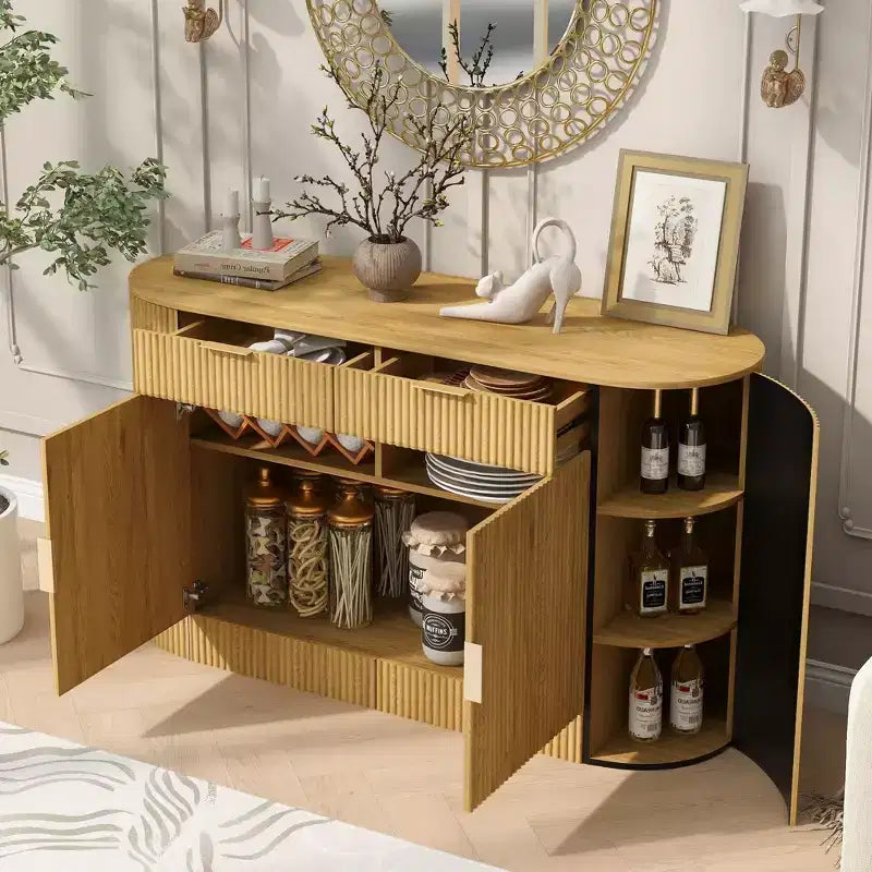 Buffet de rangement Okak Farmhouse 2 tiroirs et 2 portes pour salle à manger, salon, armoires de garde-manger de cuisine avec porte latérale incurvée