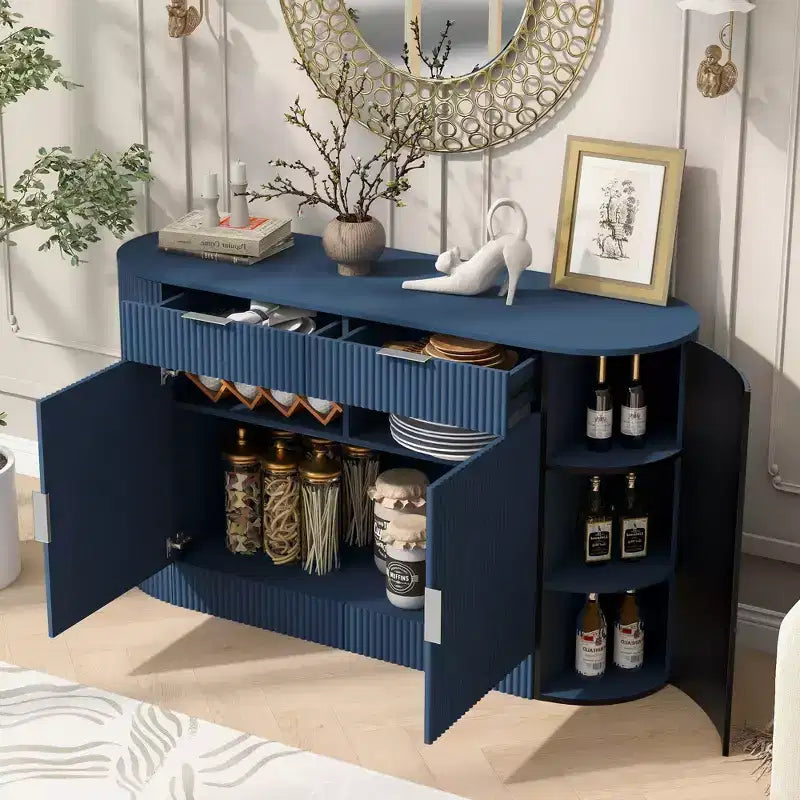 Buffet de rangement Okak Farmhouse 2 tiroirs et 2 portes pour salle à manger, salon, armoires de garde-manger de cuisine avec porte latérale incurvée