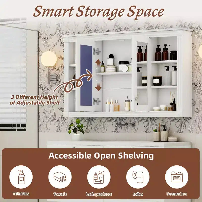Whisen 47 Armoire de toilette à miroir, armoire à pharmacie murale avec étagère réglable