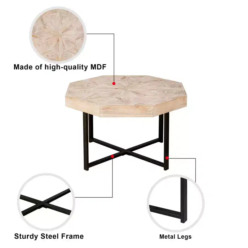 Table basse octogonale en bois, style rustique, avec pieds en métal, pour salon