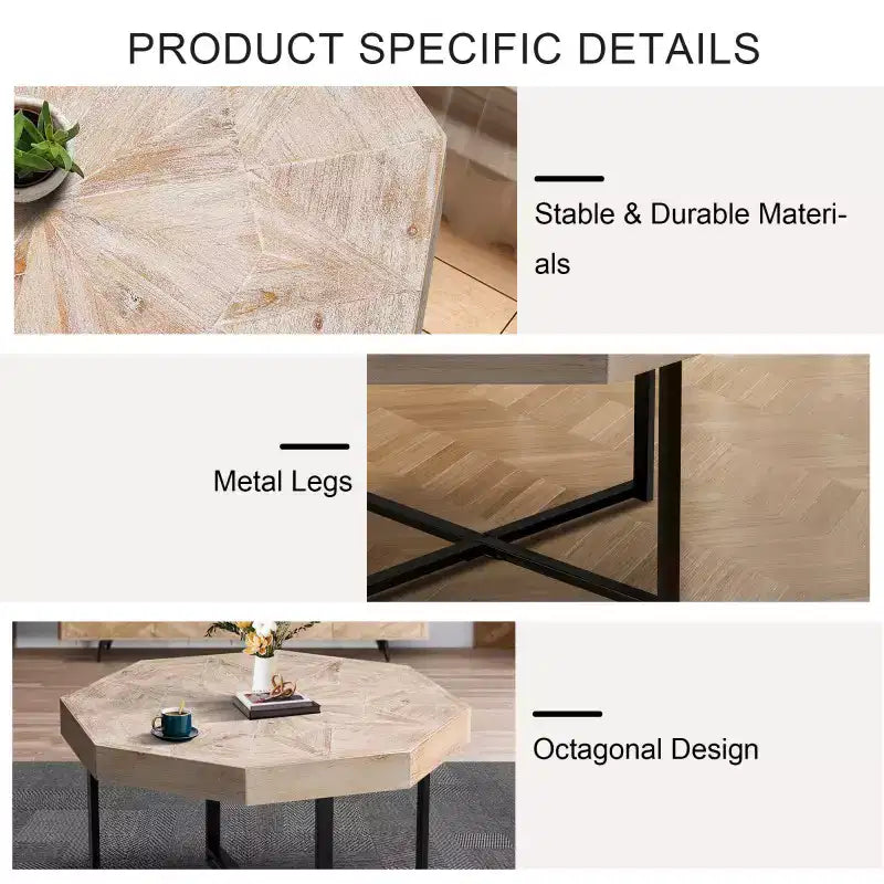 Table basse octogonale en bois, style rustique, avec pieds en métal, pour salon