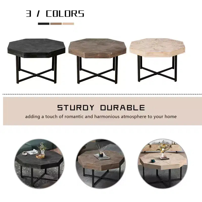 Table basse octogonale en bois, style rustique, avec pieds en métal, pour salon