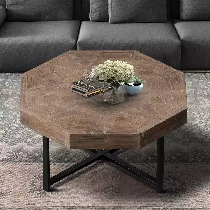 Table basse octogonale en bois, style rustique, avec pieds en métal, pour salon