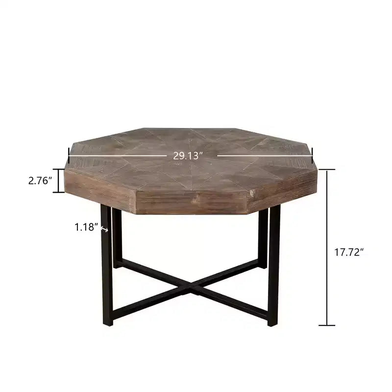 Table basse octogonale en bois, style rustique, avec pieds en métal, pour salon