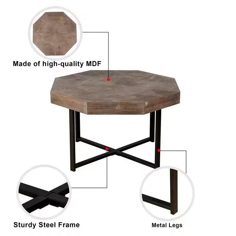 Table basse octogonale en bois, style rustique, avec pieds en métal, pour salon