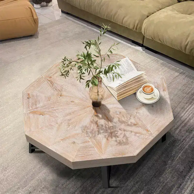 Table basse octogonale en bois, style rustique, avec pieds en métal, pour salon