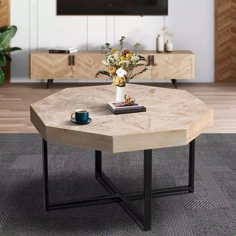Table basse octogonale en bois, style rustique, avec pieds en métal, pour salon