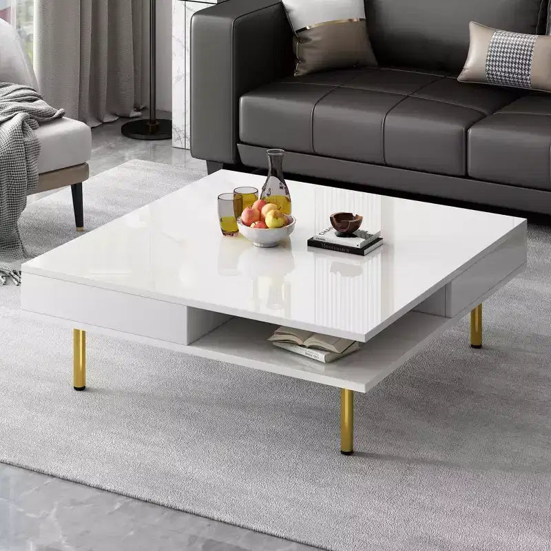 33.4 Coffee Table with 2 Drawers, 2-Tier Square Design, Open Shelves, 4 Golden Legs, Mid-Century Side Table for Living Room, White.