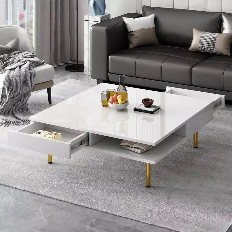 Table Basse 33,4" avec 2 Tiroirs, Design Carré à 2 Niveaux, Étagères Ouvertes, 4 Pieds Dorés, Table d'Appoint Mid-Century pour Salon, Blanche.