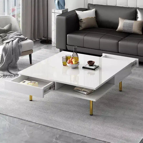 Table Basse 33,4" avec 2 Tiroirs, Design Carré à 2 Niveaux, Étagères Ouvertes, 4 Pieds Dorés, Table d'Appoint Mid-Century pour Salon, Blanche.