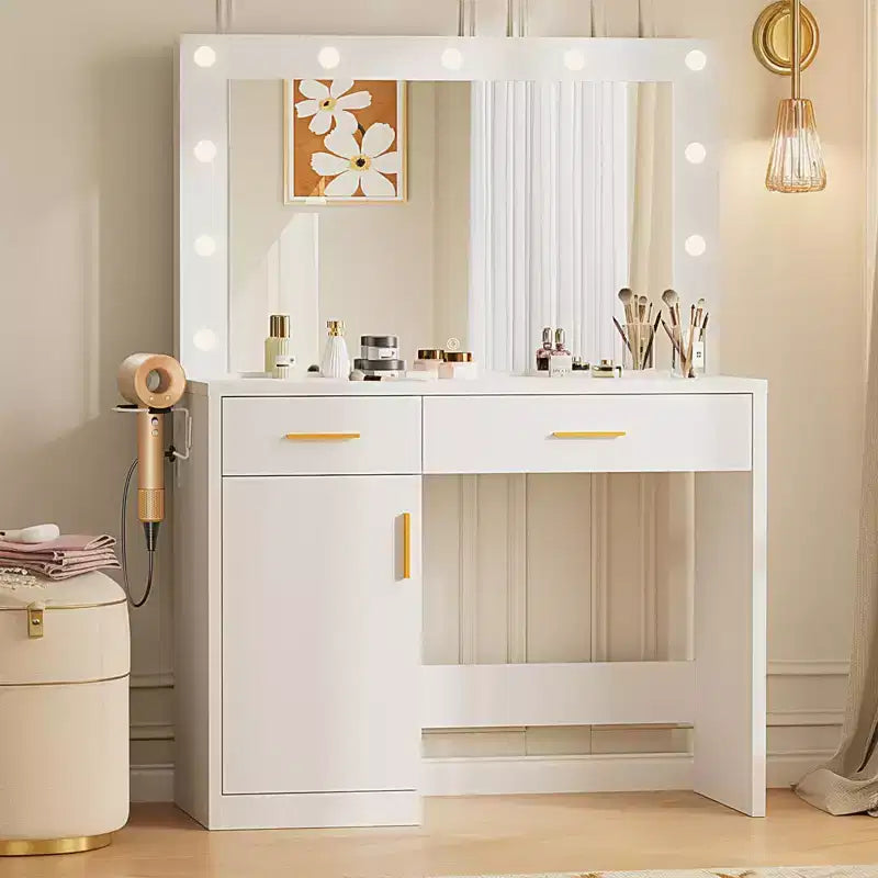 Coiffeuse Okak avec miroir réglable 3 couleurs, meuble-lavabo avec station de charge et grand espace de rangement, table de toilette pour chambre à coucher