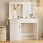 Coiffeuse Okak avec miroir réglable 3 couleurs, meuble-lavabo avec station de charge et grand espace de rangement, table de toilette pour chambre à coucher