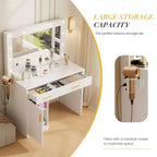 Coiffeuse Okak avec miroir réglable 3 couleurs, meuble-lavabo avec station de charge et grand espace de rangement, table de toilette pour chambre à coucher