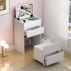 Coiffeuse 3-EN-1 Okak avec plateau en verre visible et miroir rabattable, coiffeuse de maquillage avec 3 tiroirs et 1 tabouret, coiffeuse compacte pour chambre, blanc