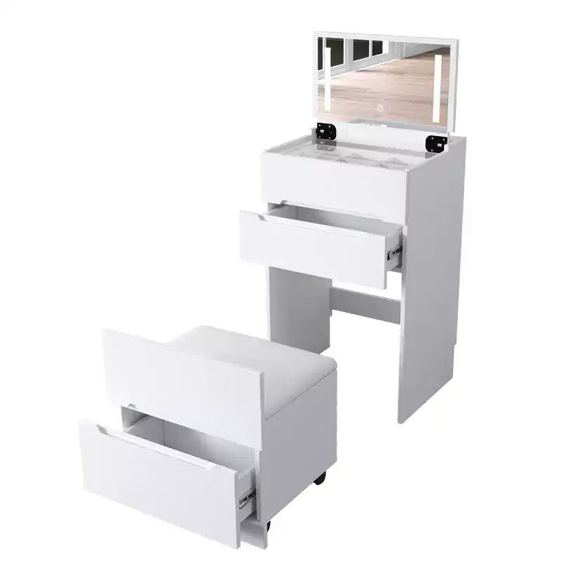 Coiffeuse 3-EN-1 Okak avec plateau en verre visible et miroir rabattable, coiffeuse de maquillage avec 3 tiroirs et 1 tabouret, coiffeuse compacte pour chambre, blanc
