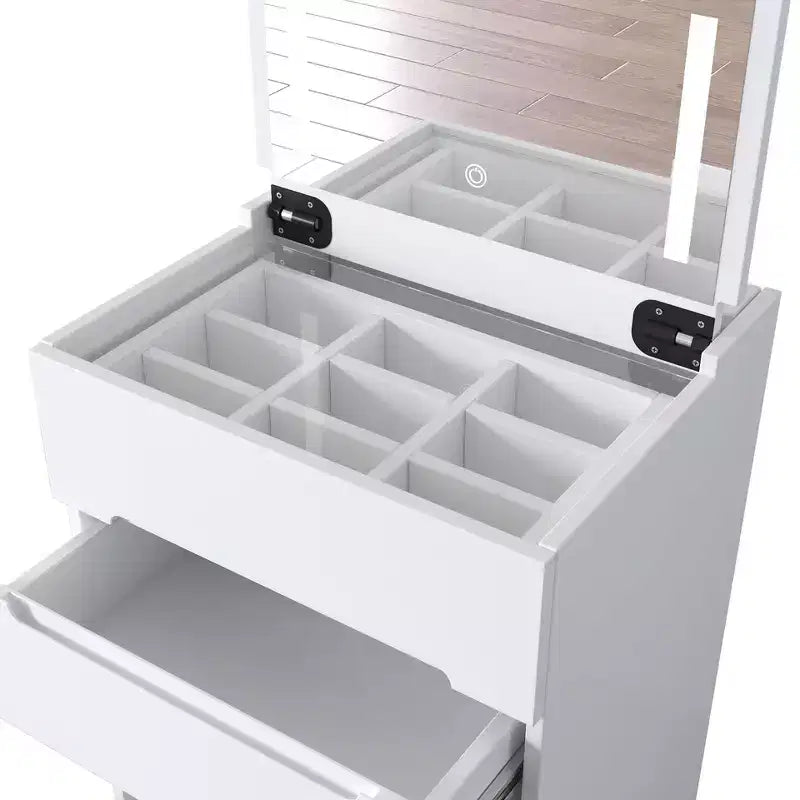 Coiffeuse 3-EN-1 Okak avec plateau en verre visible et miroir rabattable, coiffeuse de maquillage avec 3 tiroirs et 1 tabouret, coiffeuse compacte pour chambre, blanc