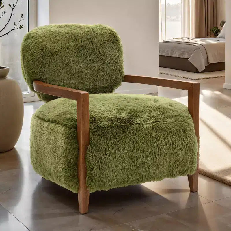 TUYOHW Fauteuil d'appoint Yeti de 71 cm de large, fauteuil de salon rembourré en fausse fourrure avec dossier et assise fixes, accoudoirs en bois de noyer, fauteuil pour salon, chambre à coucher