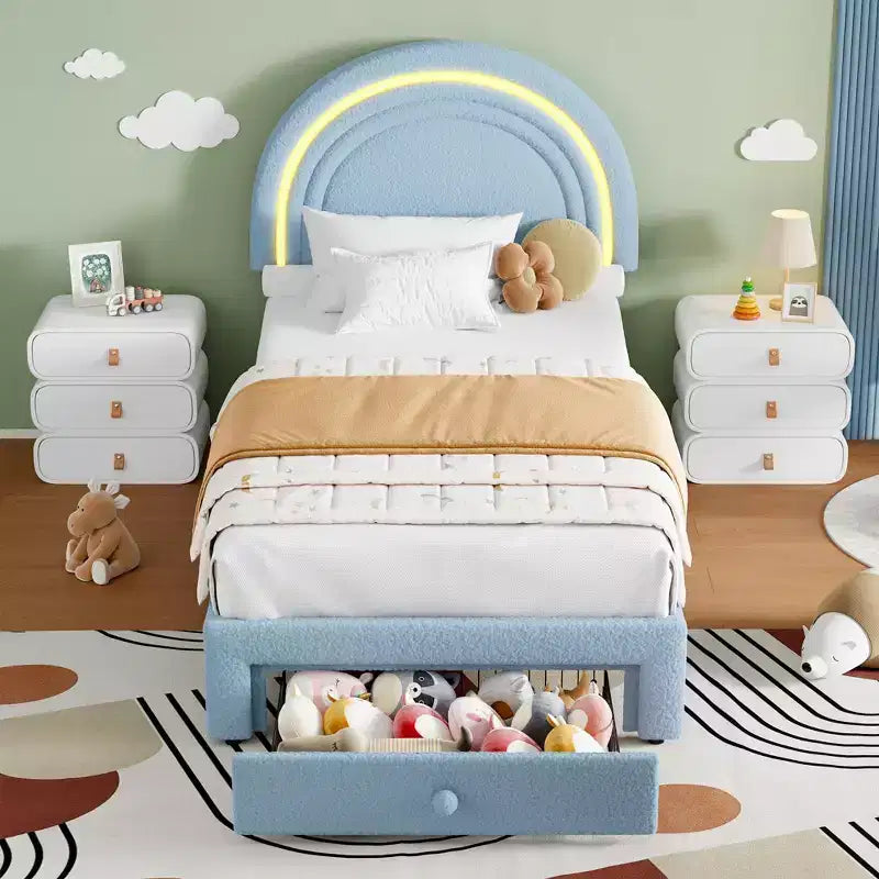 Cadre de lit double rembourré LED - avec tiroir de rangement et tête de lit arc-en-ciel, lit plateforme princesse en polaire berbère pour enfants, support de lattes en bois massif