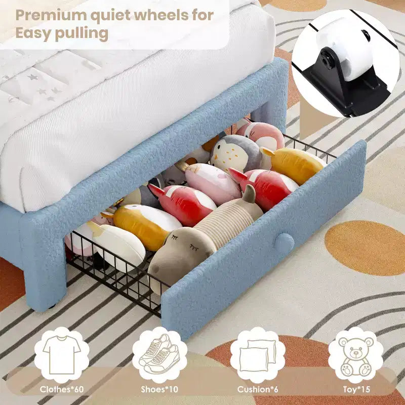 Cadre de lit double rembourré LED - avec tiroir de rangement et tête de lit arc-en-ciel, lit plateforme princesse en polaire berbère pour enfants, support de lattes en bois massif