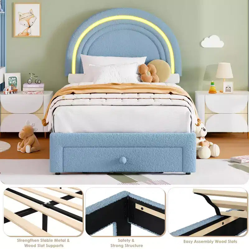 Cadre de lit double rembourré LED - avec tiroir de rangement et tête de lit arc-en-ciel, lit plateforme princesse en polaire berbère pour enfants, support de lattes en bois massif