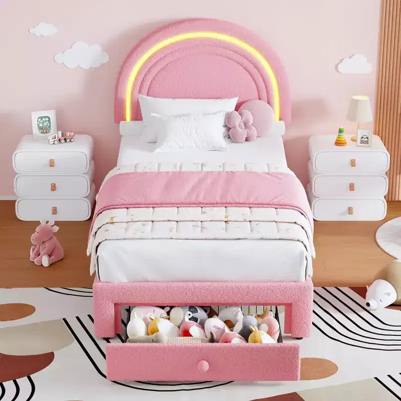 Cadre de lit double rembourré LED - avec tiroir de rangement et tête de lit arc-en-ciel, lit plateforme princesse en polaire berbère pour enfants, support de lattes en bois massif