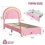 Cadre de lit double rembourré LED - avec tiroir de rangement et tête de lit arc-en-ciel, lit plateforme princesse en polaire berbère pour enfants, support de lattes en bois massif