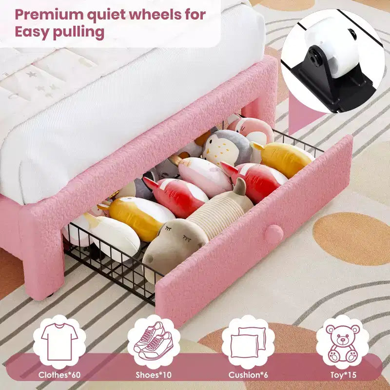 Cadre de lit double rembourré LED - avec tiroir de rangement et tête de lit arc-en-ciel, lit plateforme princesse en polaire berbère pour enfants, support de lattes en bois massif