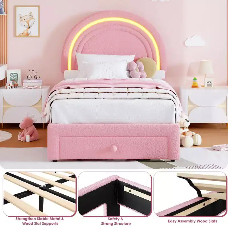 Cadre de lit double rembourré LED - avec tiroir de rangement et tête de lit arc-en-ciel, lit plateforme princesse en polaire berbère pour enfants, support de lattes en bois massif