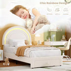 Cadre de lit double rembourré LED - avec tiroir de rangement et tête de lit arc-en-ciel, lit plateforme princesse en polaire berbère pour enfants, support de lattes en bois massif