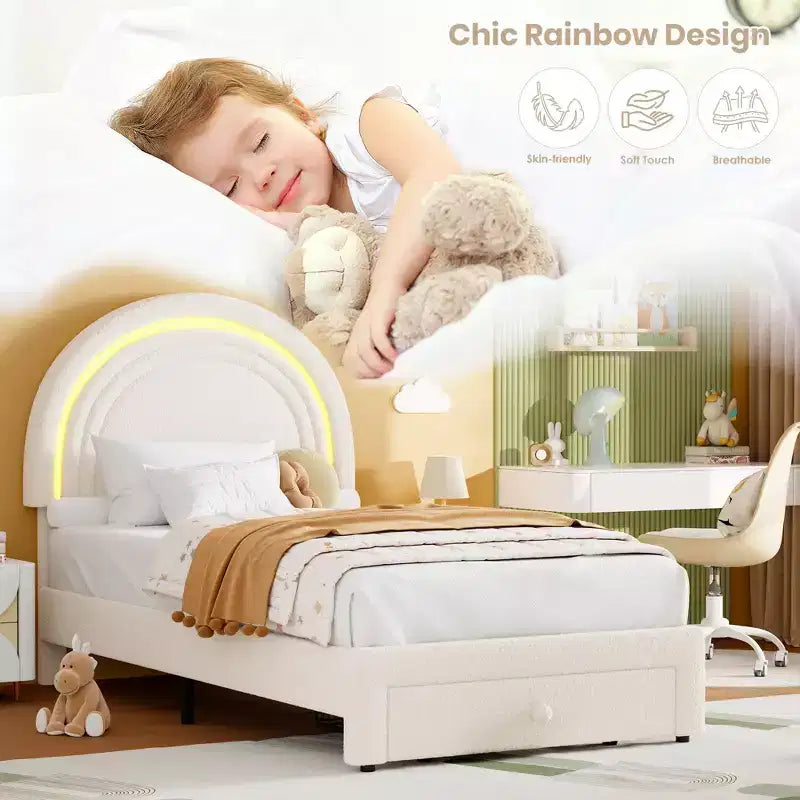 Cadre de lit double rembourré LED - avec tiroir de rangement et tête de lit arc-en-ciel, lit plateforme princesse en polaire berbère pour enfants, support de lattes en bois massif