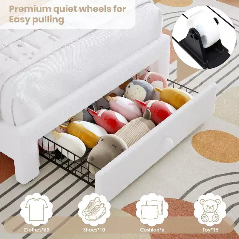 Cadre de lit double rembourré LED - avec tiroir de rangement et tête de lit arc-en-ciel, lit plateforme princesse en polaire berbère pour enfants, support de lattes en bois massif