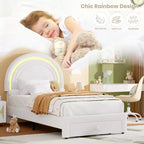 Cadre de lit double rembourré LED - avec tiroir de rangement et tête de lit arc-en-ciel, lit plateforme princesse en polaire berbère pour enfants, support de lattes en bois massif