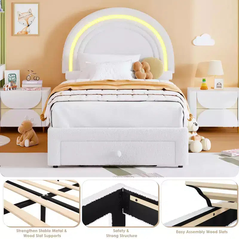 Cadre de lit double rembourré LED - avec tiroir de rangement et tête de lit arc-en-ciel, lit plateforme princesse en polaire berbère pour enfants, support de lattes en bois massif