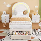 Cadre de lit double rembourré LED - avec tiroir de rangement et tête de lit arc-en-ciel, lit plateforme princesse en polaire berbère pour enfants, support de lattes en bois massif