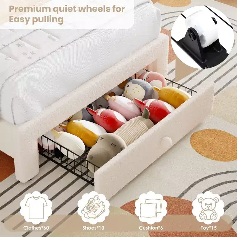 Cadre de lit double rembourré LED - avec tiroir de rangement et tête de lit arc-en-ciel, lit plateforme princesse en polaire berbère pour enfants, support de lattes en bois massif