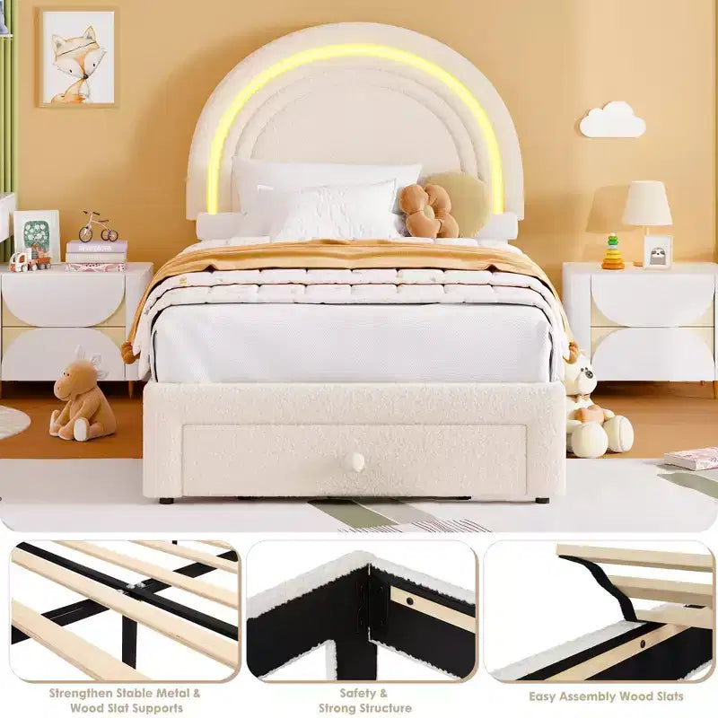 Cadre de lit double rembourré LED - avec tiroir de rangement et tête de lit arc-en-ciel, lit plateforme princesse en polaire berbère pour enfants, support de lattes en bois massif