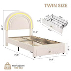 Cadre de lit double rembourré LED - avec tiroir de rangement et tête de lit arc-en-ciel, lit plateforme princesse en polaire berbère pour enfants, support de lattes en bois massif