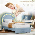 Cadre de lit double rembourré LED - avec tiroir de rangement et tête de lit arc-en-ciel, lit plateforme princesse en polaire berbère pour enfants, support de lattes en bois massif