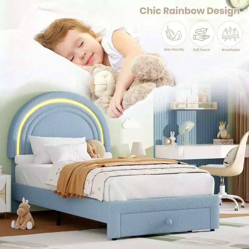 Cadre de lit double rembourré LED - avec tiroir de rangement et tête de lit arc-en-ciel, lit plateforme princesse en polaire berbère pour enfants, support de lattes en bois massif